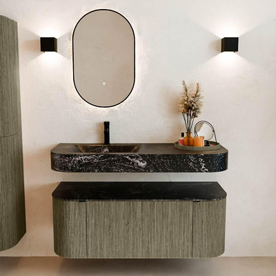 MONDIAZ THOR-DLUX 120cm meuble de salle de bains arrondi gauche + droite couleur Shadow avec 1 tiroir et 2 portes. Vasque suspendue CLOUD Gauche 1 trou de robinet couleur Lava.