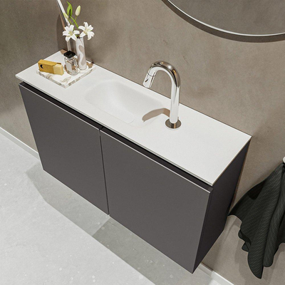 MONDIAZ TURE Kit lave-mains - 80x23x50cm - 1 trou de robinet - 2 portes - gris foncé mat - Lavabo centré - Acrylique Blanc