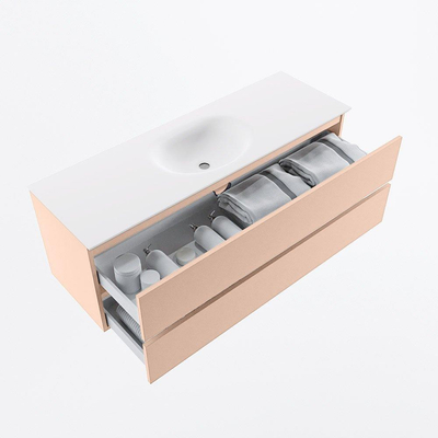 Mondiaz VICA Ensemble de meuble de salle de bain - 140cm - meuble sous-vasque rosee - 2 tiroirs - lavabo moon milieu - sans trous de robinet - version haute de 60cm - talc