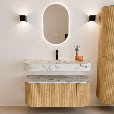 MONDIAZ THOR-DLUX 110cm badmeubel ronding links + rechts kleur Oak met 1 lade en 2 deuren. Vrijhangende wastafel CLOUD Midden 1 kraangat kleur Glace.