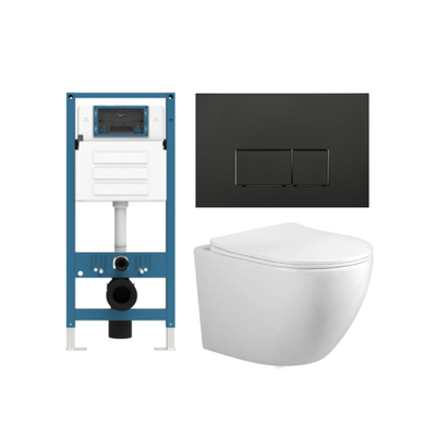 Adema Salina 2.0 Ensemble WC - 48.5x36x32cm - cuvette profonde - sans bride - réservoir encastré QeramiQ - softclose - quickrelease - abattant WC - plaque de commande en plastique noir mat - boutons rectangulaires - blanc
