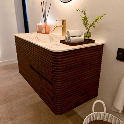 Mondiaz CIRO-DLUX Meuble de salle de bains - 100x45x50cm - Plan vasque solid surface Nata - 1 lavabo central - 1 trou de robinet - 2 tiroirs - Ruby