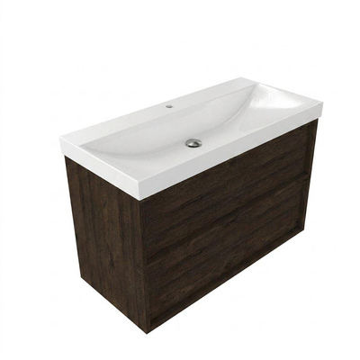 Saniclass Holz Frame Ensemble meuble de salle de bains - 100x45x67.5cm - lavabo Wave en céramique - 1 vasque - 1 trou de robinetterie - 2 tiroirs - chêne charcoal mat (bois)