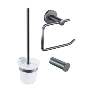 Fortifura Calvi Pack WC 3 pièces - porte-rouleau sans couvercle - brosse WC - crochet à serviette simple rond - Gunmetal PVD brossé