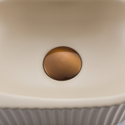QeramiQ Fuente Ensemble de lavabo - 40x21.5x12cm - gauche - nervuré - demi-rond - 1 trou de robinet - céramique - robinet de lave-mains cuivre brossé - bouchon de vidange - siphon abaissé - beige