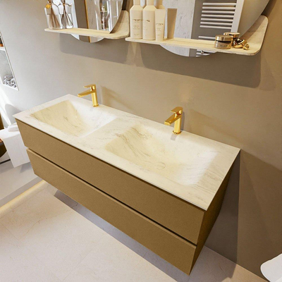 Mondiaz VICA-DLUX Ensemble de meuble de salle de bain - 130cm - meuble sous-vasque oro - 2 tiroirs - lavabo encastré cloud double - 2 trous de robinet - version haute de 60cm - opalo