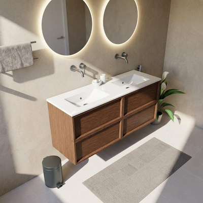 Saniclass Holz Frame Ensemble meuble de salle de bains - 140x45x62cm - Lavabo Vygo en céramique blanc - 2 vasques - sans trous de robinetterie - 4 tiroirs - brillant walnut pure (bois)
