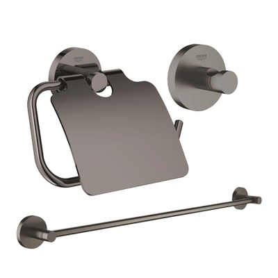 GROHE Essentials ensemble d’accessoires 3 pièces avec porte-serviettes, patère et porte-rouleau de papier toilette avec couvercle brushed hard graphite