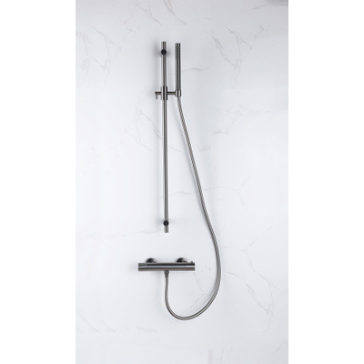 FortiFura Calvi Ensemble de douche barre curseur avec douchette stick, flexible lisse et robinet de douche Gunmetal PVD
