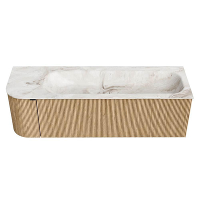 MONDIAZ KURVE-DLUX meuble de salle de bains 145 cm avec module 25 L couleur Oak avec 1 tiroir et 1 porte. Lavabo BIG LARGE à droite sans trou de robinet couleur Frappe.
