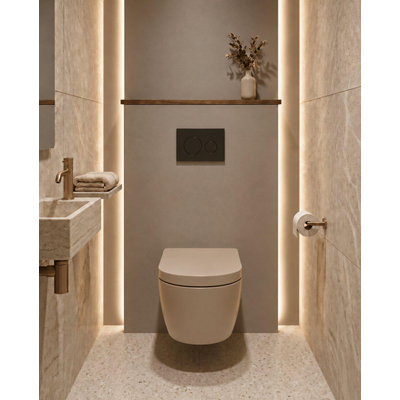 QeramiQ Dely Pack WC - 36,3x51,7cm - à fond creux - sans bride - réservoir encastré Geberit UP320 - abattant WC softclose 35 mm - plaque de commande en plastique noir mat - boutons ronds - beige mat