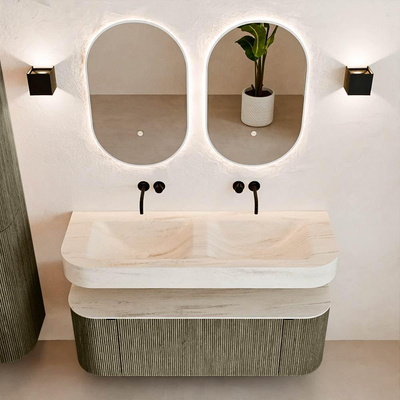 MONDIAZ THOR-DLUX 130cm badmeubel ronding links + rechts kleur Shadow met 1 lade en 2 deuren. Vrijhangende wastafel CLOUD Dubbel zonder kraangat kleur Meli.