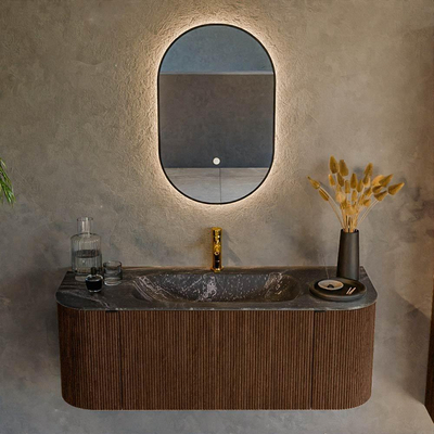 MONDIAZ KURVE-DLUX 120cm badmeubel met module 25 Len R kleur Walnut met 1 lade en 2 deuren. Wastafel BIG SMALL midden 1 kraangat kleur Lava.