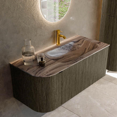 MONDIAZ KURVE-DLUX 105cm badmeubel ronding Links kleur Shadow met 1 lade en 1 deur. Wastafel BIG SMALL Rechts 1 kraangat Sombra.