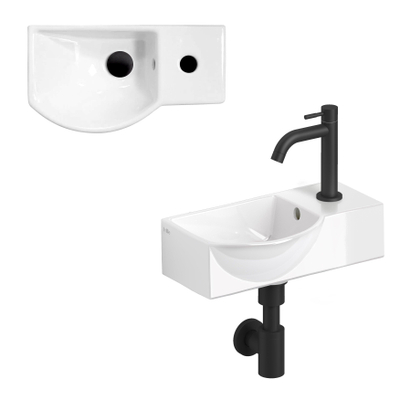 Clou InBe Ensemble lave-mains - 41x22.5x11cm - avec robinet - avec bonde - avec siphon - céramique blanche - noir mat