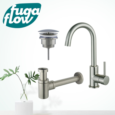 FugaFlow Eccelente Sobrado Badkamer Wastafelkraanset - hoge wastafelkraan - draaibare uitloop - always open plug - verlaagde design sifon - PVD Geborsteld RVS