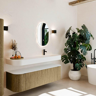 MONDIAZ THOR 160cm meuble de salle de bains arrondi gauche + droite couleur Dusk avec 1 tiroir et 2 portes. Vasque suspendue CLOUD Droite 1 trou de robinet couleur Talc.