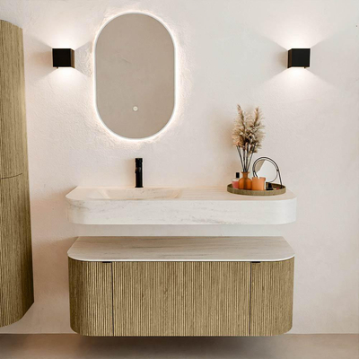 MONDIAZ THOR-DLUX 120cm meuble de salle de bains arrondi gauche + droite couleur Dusk avec 1 tiroir et 2 portes. Vasque suspendue CLOUD gauche 1 trou de robinet couleur Meli.