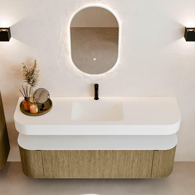 MONDIAZ THOR 160cm meuble de salle de bains arrondi gauche + droite couleur Dusk avec 1 tiroir et 2 portes. Vasque suspendue CLOUD Milieu 1 trou de robinet couleur Talc.