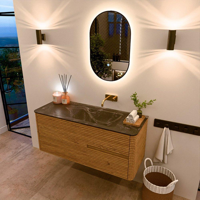 Mondiaz CIRO-DLUX Ensemble de meubles de salle de bains - 120x45x50cm - plan-vasque solid surface Lava - 1 vasque à droite - sans trous de robinetterie - 2 tiroirs - Chêne