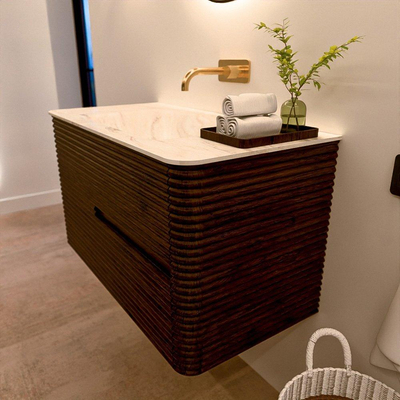 Mondiaz CIRO-DLUX Badkamermeubelset - 90x45x50cm - Solid surface wastafel Ostra - 1 wasbak Midden - zonder kraangaten - 2 lades - Walnut