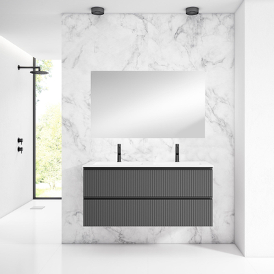 Saniclass Prime Blend Meuble de salle de bain - 120x55x46cm - 2 vasques rectangulaires en céramique blanc - 2 trous de robinet - 2 tiroirs - miroir rectangulaire - mat anthracite