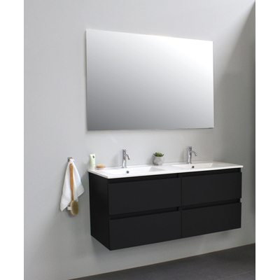 Basic Line Bella Badkamermeubelset - 120x55x46cm - 2 wasbakken - Keramiek - Wit - 2 kraangaten - Wandspiegel zonder verlichting - Melamine Zwart mat