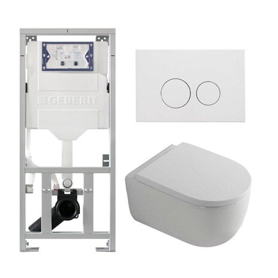 QeramiQ Dely Swirl Ensemble WC - 36.3x51.7cm - Fond creux - Sans bride - Réservoir encastré Geberit UP320 - Abattant de 35mm d'épaisseur - Plaque de commande en métal blanc mat - Boutons ronds - Blanc mat