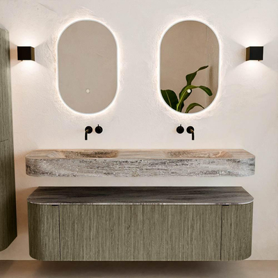 MONDIAZ THOR-DLUX 160cm meuble de salle de bains arrondi gauche + droite couleur Shadow avec 1 tiroir et 2 portes. Vasque suspendue CLOUD Double sans trou de robinet couleur Oza.