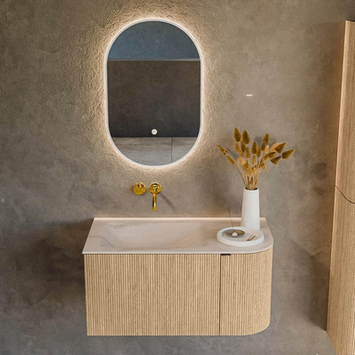 MONDIAZ KURVE-DLUX Meuble de salle de bains 85 cm arrondi à droite couleur Chêne avec 1 tiroir et 1 porte. Lavabo CLOUD à gauche sans trou de robinet Meli.