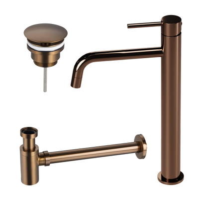 Fortifura Calvi Slim Wastafelkraanset - verhoogde wastafelkraan - always open plug - verlaagde design - sifon - PVD - geborsteld koper