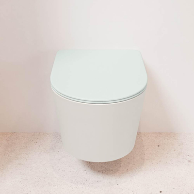Mondiaz LAVIE hangtoilet – spoelrandloos – 36 x 53 cm – met softclose zitting – Linen (offwhite), zitting Greey (lichtgroen/grijs)