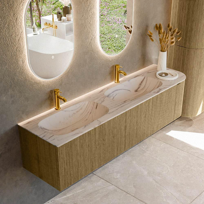 MONDIAZ KURVE-DLUX 175cm meuble de salle de bains avec arrondi à droite couleur Dusk avec 2 tiroirs et 1 porte. Lavabo STOR SMALL Double / Gauche 2 trous de robinet Nata.