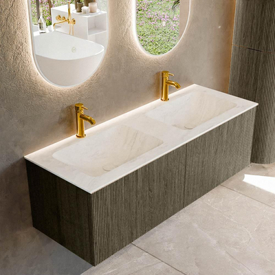 Mondiaz KURVE-DLUX Ensemble de meuble salle de bain - 130x46x40cm - 2 tiroirs - lavabo en solid surface - double - 2 trous de robinet - Shadow