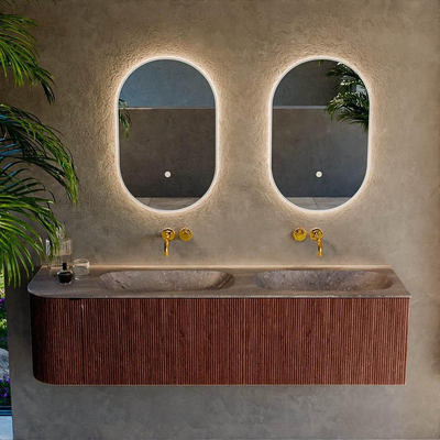 MONDIAZ KURVE-DLUX 165cm badmeubel ronding Links kleur Ruby met 2 lades en 1 deur. Wastafel STOR SMALL Dubbel / Rechts zonder kraangat Oza.