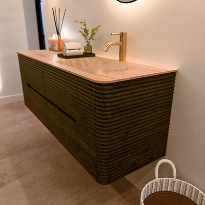 Mondiaz CIRO-DLUX Badkamermeubelset - 140x45x50cm - Solid surface wastafel Saba - 1 wasbak Rechts - 1 kraangat - 4 lades - Shadow