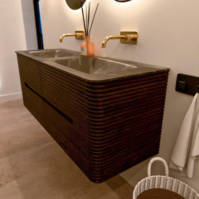 Mondiaz CIRO-DLUX Badkamermeubelset - 130x45x50cm - Solid surface wastafel Lava - 2 wasbak Dubbel - zonder kraangaten - 4 lades - Walnut