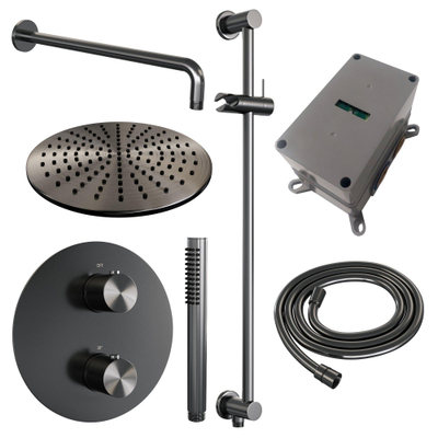 BRAUER Gunmetal Edition thermostatische Inbouw Regendouche - 3-weg - rond - set 88 - 30cm hoofddouche - gebogen muurarm - staaf handdouche - doucheslang - geïntegreerde glijstang - gunmetal geborsteld PVD