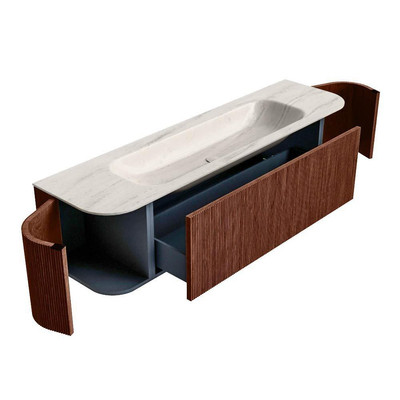 MONDIAZ KURVE-DLUX Meuble de salle de bains 170cm arrondi Gauche + Droite couleur Ruby avec 1 tiroir et 2 portes. Lavabo BIG LARGE Central 2 trous de robinet Meli.