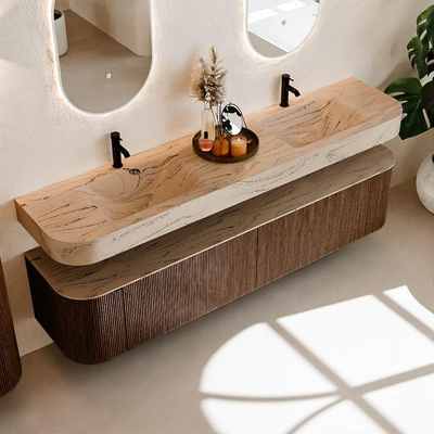 MONDIAZ THOR-DLUX 200cm badmeubel ronding links + rechts kleur Walnut met 2 lades en 2 deuren. Vrijhangende wastafel CLOUD Dubbel 2 kraangaten kleur Arena.