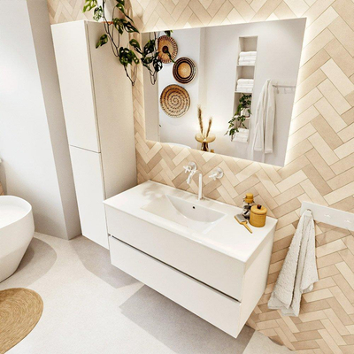 MONDIAZ VICA 100cm meuble sous lavabo Talc 2 tiroirs. Lavabo DENIA centre 1 trou de robinet, couleur Blanc Brillant.