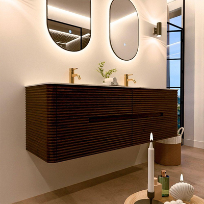 Mondiaz CIRO-DLUX Meuble de salle de bains - 150x45x50cm - Plan vasque solid surface Opalo - 2 vasques double - 2 trous de robinetterie - 4 tiroirs - Noyer