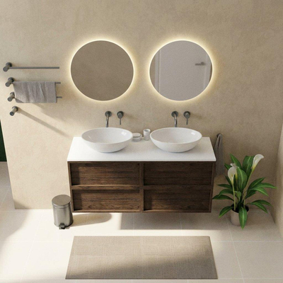 Saniclass Holz Frame Ensemble meuble de salle de bains - 140x45x62.5cm - plan de toilette Torino en solid surface blanc - sans trou de robinet - 4 tiroirs - chêne charcoal mat (bois)