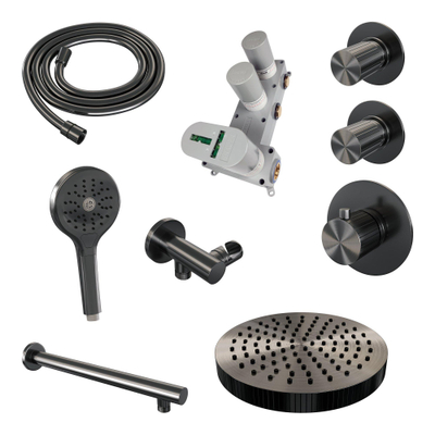 BRAUER Stripe Douche de tête thermostatique encastrable - SET 04 - pomme de douche 25 cm - bras mural droit - douchette 3 positions - flexible de douche - coude mural - gunmetal brossé PVD