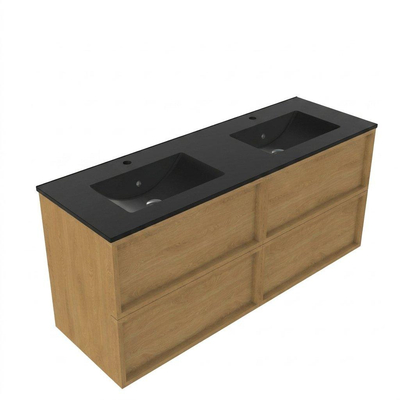 Saniclass Holz Frame Ensemble de meubles de salle de bains - 140x45x62cm - lavabo Vygo en céramique noir - 2 vasques - 2 trous de robinet - 4 tiroirs - chêne natural mat (bois)