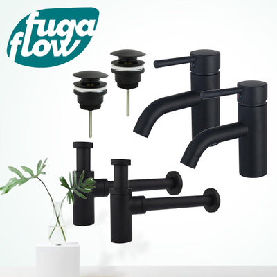 FugaFlow Eccelente Sobrado Kit robinet lavabo - pour double vasque - robinet bas - bonde clic clac - siphon design - Noir mat