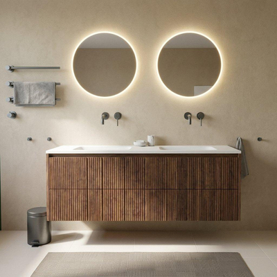 Saniclass Holz Atelier Ensemble meuble de salle de bains - 160x45x77.5cm - lavabo Torino en solid surface blanc - sans trou de robinet - 4 tiroirs - noyer pure mat (bois)