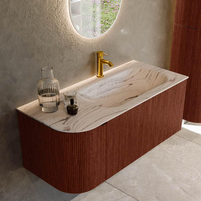MONDIAZ KURVE-DLUX 105cm badmeubel ronding Links kleur Ruby met 1 lade en 1 deur. Wastafel BIG SMALL Rechts 1 kraangat Nata.