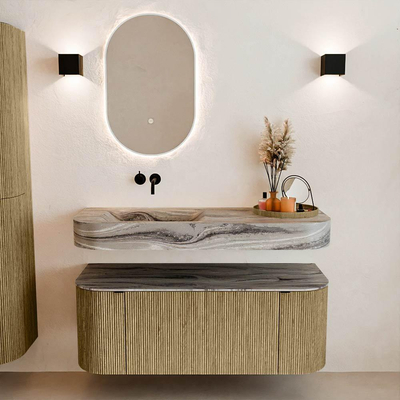 MONDIAZ THOR-DLUX 120cm meuble de salle de bains arrondi gauche + droite couleur Dusk avec 1 tiroir et 2 portes. Vasque suspendue CLOUD Gauche sans trou de robinet couleur Sombra.