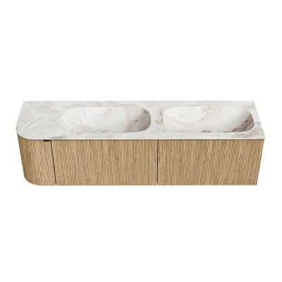 MONDIAZ KURVE-DLUX meuble de salle de bains 165 cm avec module 25 L couleur Oak avec 2 tiroirs et 1 porte. Lavabo STOR SMALL double / à droite sans trou de robinet couleur Frappe.
